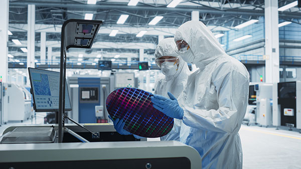 Workers look at a silicon wafer, used in the production of semiconductors. Semiconductor production is leading a resurgence in manufacturing in the U.S., giving hope to communities that have struggled since large manufacturing was outsourced to other countries. 